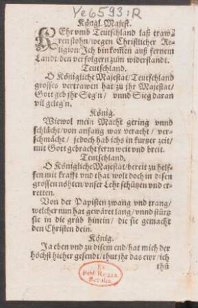 Kehr vmb Teutschland laß traw=||ren stohn/ wegen Christlicher Re=||ligion/