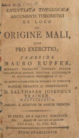 Enuntiata theologica argumenti theoretici ex loco de origine mali, quae pro exercitio
