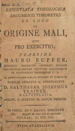 Enuntiata theologica argumenti theoretici ex loco de origine mali, quae pro exercitio