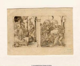Links Lucretia auf ihrem Lager, von Tarquinius bedroht. Rechts ihr Tod in Gegenwart ihres Vaters