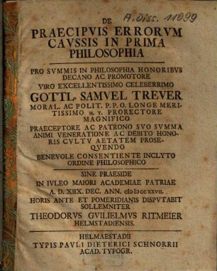 De praecipuis errorum caussis in prima philosophia
