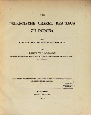 Das Pelasgische Orakel zu Dodona : Ein Beitrag zur Religionsphilosophie