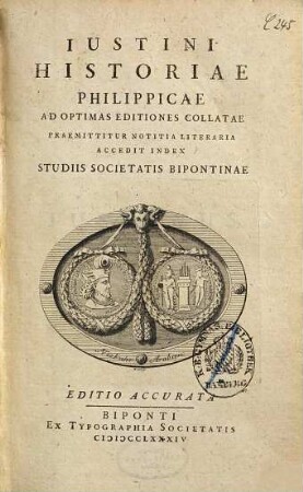 Iustini Historiae Philippicae : Ad Optimas Editiones Collatae ; Praemittitur Notitia Literaria ; Accedit Index