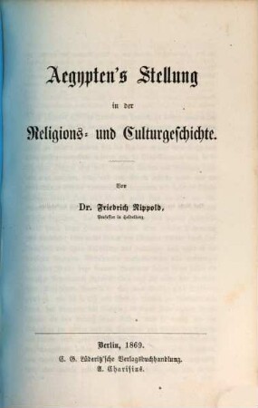 Aegypten's Stellung in der Religions- und Culturgeschichte