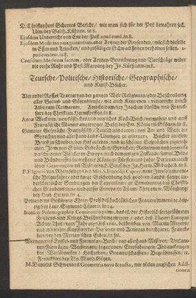 Teutsche/ Politische/ Historische/ Geographische/ und Kunst-Bücher.