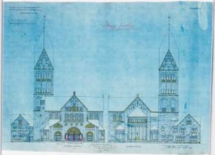 St. Elisabeth Kirche (mit Pfarrhaus), Bochum-Gerthe: Vorder- und Choransicht 1:100