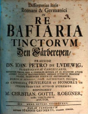 Differentias iuris Romani & Germanici In Re Bafiaria Tinctorvm : = Den Färbereyen