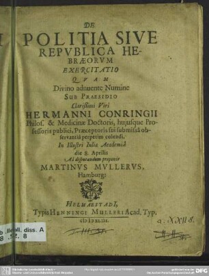 De Politia Sive Repvblica Hebraeorvm Exercitatio