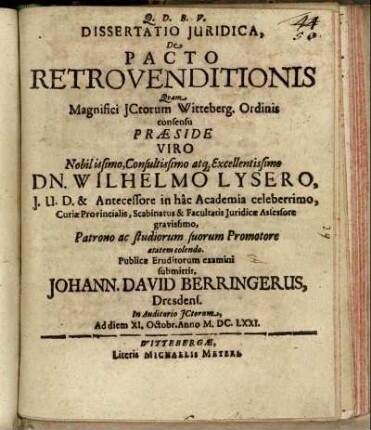 Dissertatio Iuridica, De Pacto Retrovenditionis