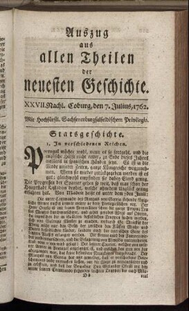 XXVII. Nachl. Coburg, den 7. Julius, 1762.