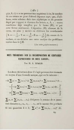 Deux théorèmes sur la décomposition de certaines expressions en deux carrés.