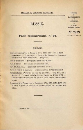 Annales du commerce extérieur. Russie. Faits commerciaux. 26/27. 1875/81