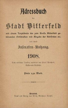 1908: Adressbuch der Stadt Bitterfeld