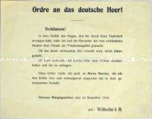 Armeebefehl von Kaiser Wilhelm II. zur Unterbreitung eines Friedensangebotes