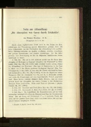 Notiz zur Abhandlung: "Die Absorption von Gasen durch Holzkohle".