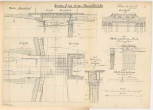 Kanalbrücke Monatskonkurrenz Oktober 1909: Grundriss auf 6 Ebenen, Aufriss Seitenansicht mit Längsschnitt, Querschnitt 1:200; Querschnitt und Detail während des Baus 1:200, 1:100; 2 Maßstabsleisten