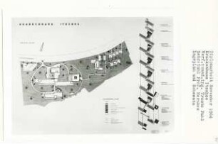Krankenhaus Itzehoe (Diplomarbeit bei Bernhard Hermkes): Lageplan 1:500 und Funktionsschema 1:1000