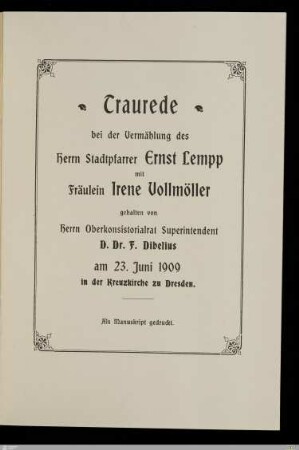 Traurede bei der Vermählung des Herrn Stadtpfarrer Ernst Lempp mit Fräulein Irene Vollmöller