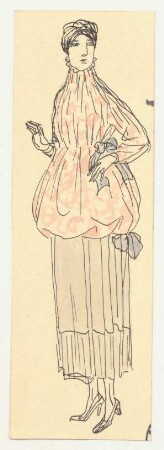 Entwurf Damenkleid : Figurine mit wadenlangem Rock, gefältelt, betonter Saum; Bluse mit hohem Stehkragen, Taillierung und ballonartigem Unterteil, mit Schleifen an der Seite verziert; turbanartige Haube