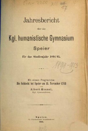 Jahresbericht über das Humanistische Gymnasium Speyer : für das Schuljahr .... 1894/95