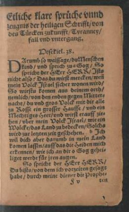 Etliche klare sprüche unnd zeugnis der heiligen Schrifft/ von des Türcken zukunfft/ Tyranney/ fall und untergang.