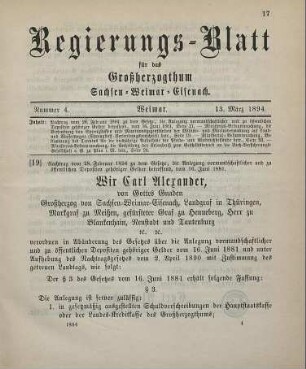 19. Nachtrag vom 28. Februar 1894 zu dem Gesetze, die Anlegung vormundschaftlicher und zu öffentlichen Depositen gehöriger Gelder betreffend vom 16. Juni 1881