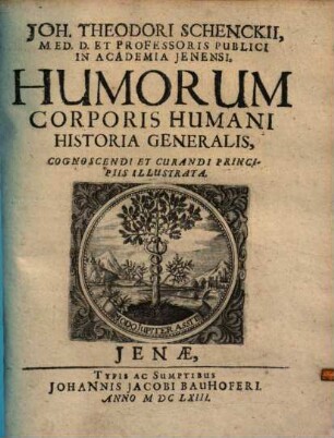 Joh. Theodori Schenckii Humorum corporis humani historia generalis : cognoscendi et curandi principiis illustrata