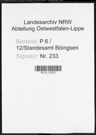 Sterberegister Standesamt Böingsen