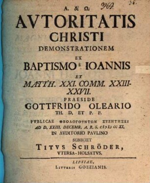 Autoritatis Christi demonstrationem ex baptismo Ioannis, ex Matth. 21, 23 - 27