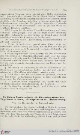 14: Ein kleines Specialobjectiv für Kinematographen von Voigtländer & Sohn, Actiengesellschaft, Braunschweig