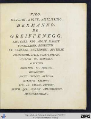 Viro Illustri Atque Amplissimo Hermanno De Greifenegg.