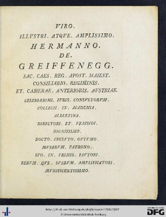 Viro Illustri Atque Amplissimo Hermanno De Greifenegg.