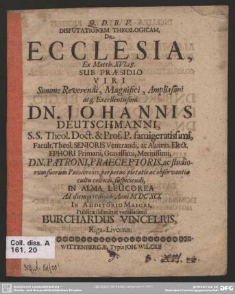 Disputationem theologicam, de ecclesia, ex Matth. XVI. 18.