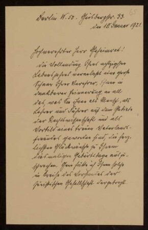 65: Brief von Otto Zachariae an Otto von Gierke, Berlin, 10.1.1921