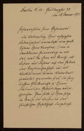 65: Brief von Otto Zachariae an Otto von Gierke, Berlin, 10.1.1921