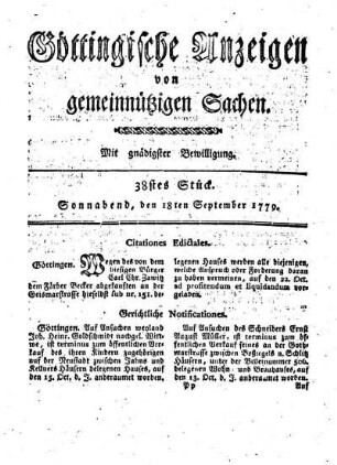 38tes Stück. Sonnabend, den 18ten September 1779.