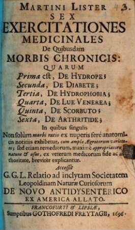 Sex exercitationes medicinales de quibusdam morbis chronicis