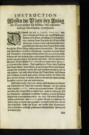 Instruction Wessen die Vögte bey Anlag der Vogtey-Gelder ...
