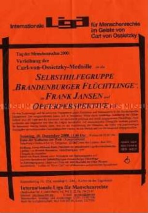 Einladung zu einer Veranstaltung der Internationalen Liga für Menschenrechte zur Verleihung Carl-von-Ossietzky- Medaille