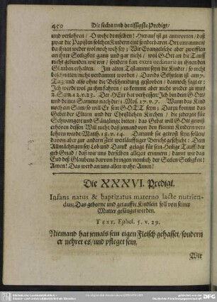 Die XXXVI. Predigt. Infans natus & baptizatus materno lacte nutriendus; Das geborne und getauffte Kindlein soll von seiner Mutter gesäugt werden