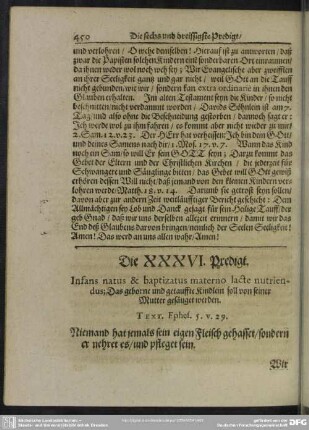 Die XXXVI. Predigt. Infans natus & baptizatus materno lacte nutriendus; Das geborne und getauffte Kindlein soll von seiner Mutter gesäugt werden