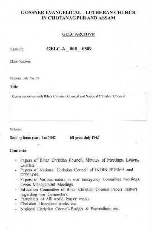Correspondence with Bihar Christian Council and National Christian Council