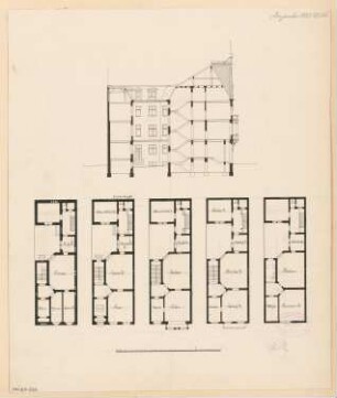 Städtisches Wohnhaus Monatskonkurrenz Dezember 1883: Grundriss Keller, Erdgeschoss, 1. und 2. Obergeschoss, Dachgeschoss, Längsschnitt; Maßstabsleiste