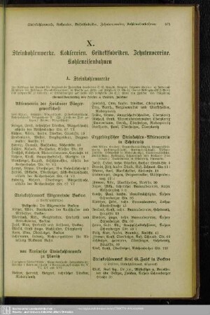 X. Steinkohlenwerke. Koksereien. Brikettfabriken. Zehntenvereine. Privateisenbahnen. Königin-Marienhütte. Maximilianshütte. Zwickauer Gußwerke