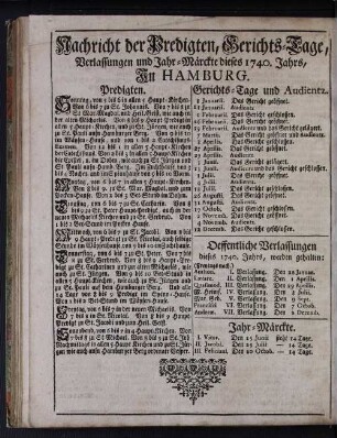 Nachricht der Predigten, Gerichts-Tage, Verlassungen und Jahr-Märckte dieses 1740. Jahrs, In Hamburg.