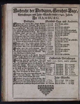 Nachricht der Predigten, Gerichts-Tage, Verlassungen und Jahr-Märckte dieses 1740. Jahrs, In Hamburg.