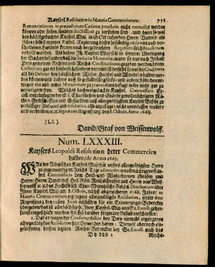 Num. LXXXIII. Kaysers Leopoldi Resolution derer Commercien halben, de Anno 1669