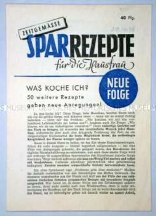 Faltblatt mit Rezepten aus der Nachkriegszeit