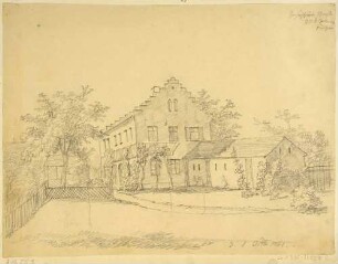 Wohnhaus mit Stufengiebel in einem Garten (topographische Zuordnung nicht lesbar)