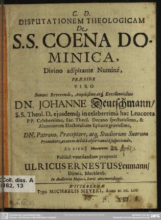 Disputationem theologicam de s.s. coena dominica